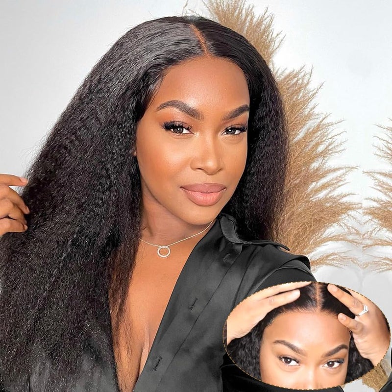 Domiso 22 Inch Wear and Go Glueless Wig Kinky Straight Lace Pre Cut 7x5 Lace Front Wigs Human Hair for Women Glueless Wig with Elastic Band Natural Hairline 200 Density Yaki Hair Natural Black